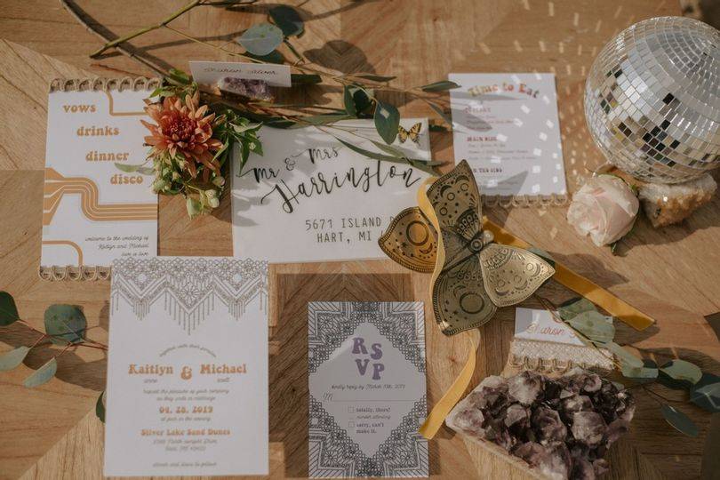 Wedding invitations and decorations displayed
