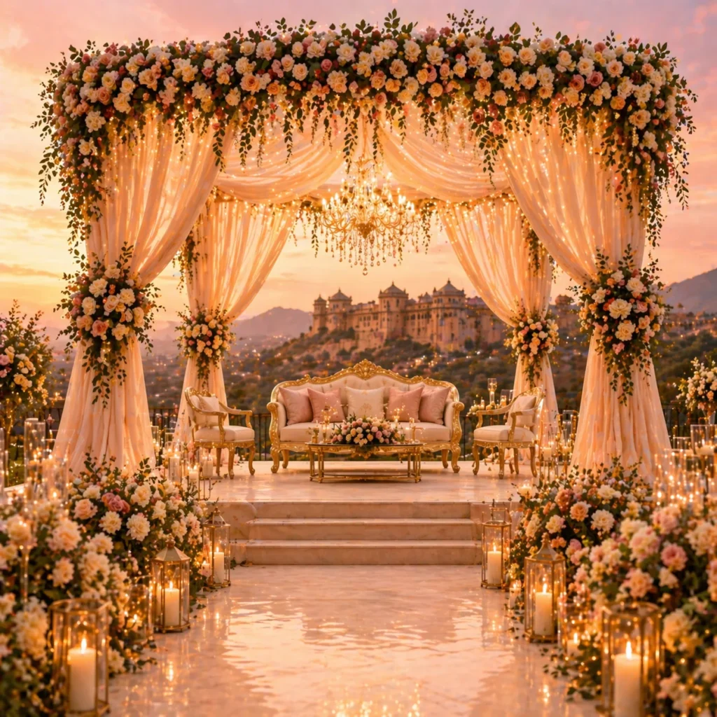 Romantic sunset wedding mandap setup